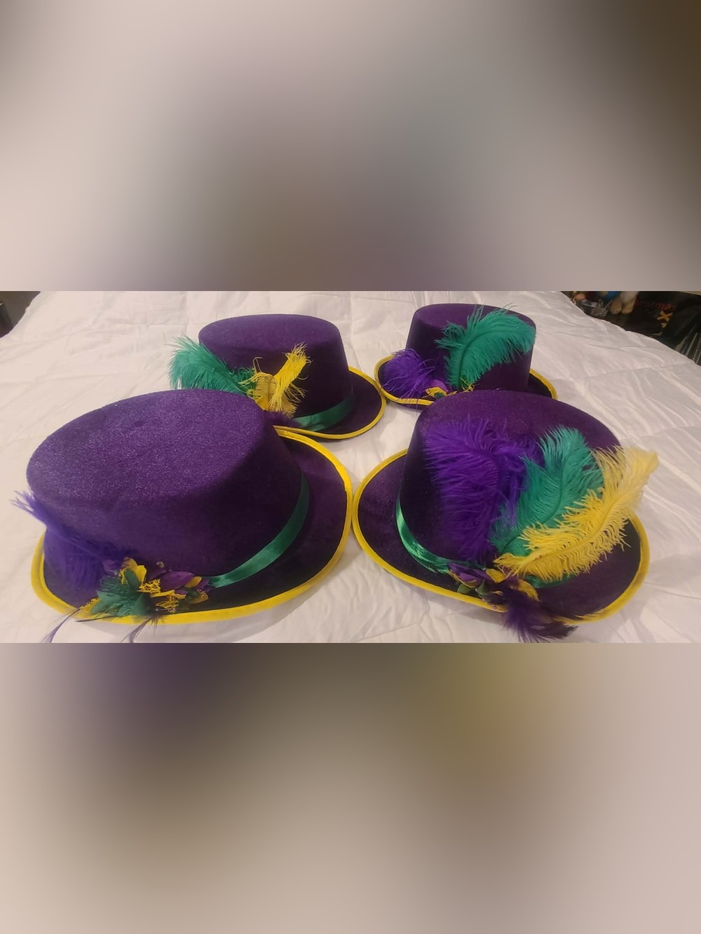 4 Purple Mardi Gras Feather Trim Top Hat with Green Band - Unbranded